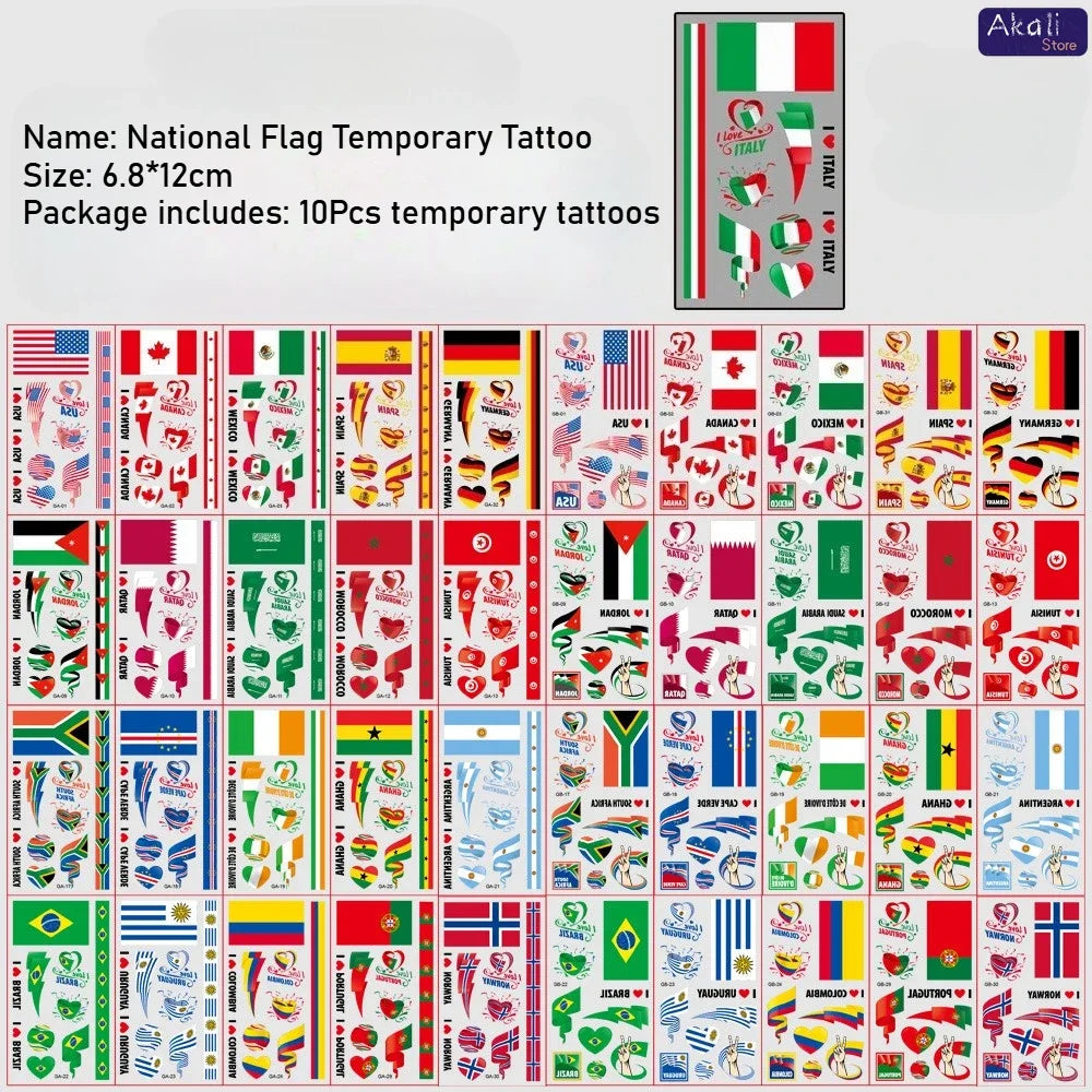 10Pcs Waterproof National Flag Temporary Tattoos for 2026 World Cup Face Body Stickers for Football Fans Match Day Decorations
