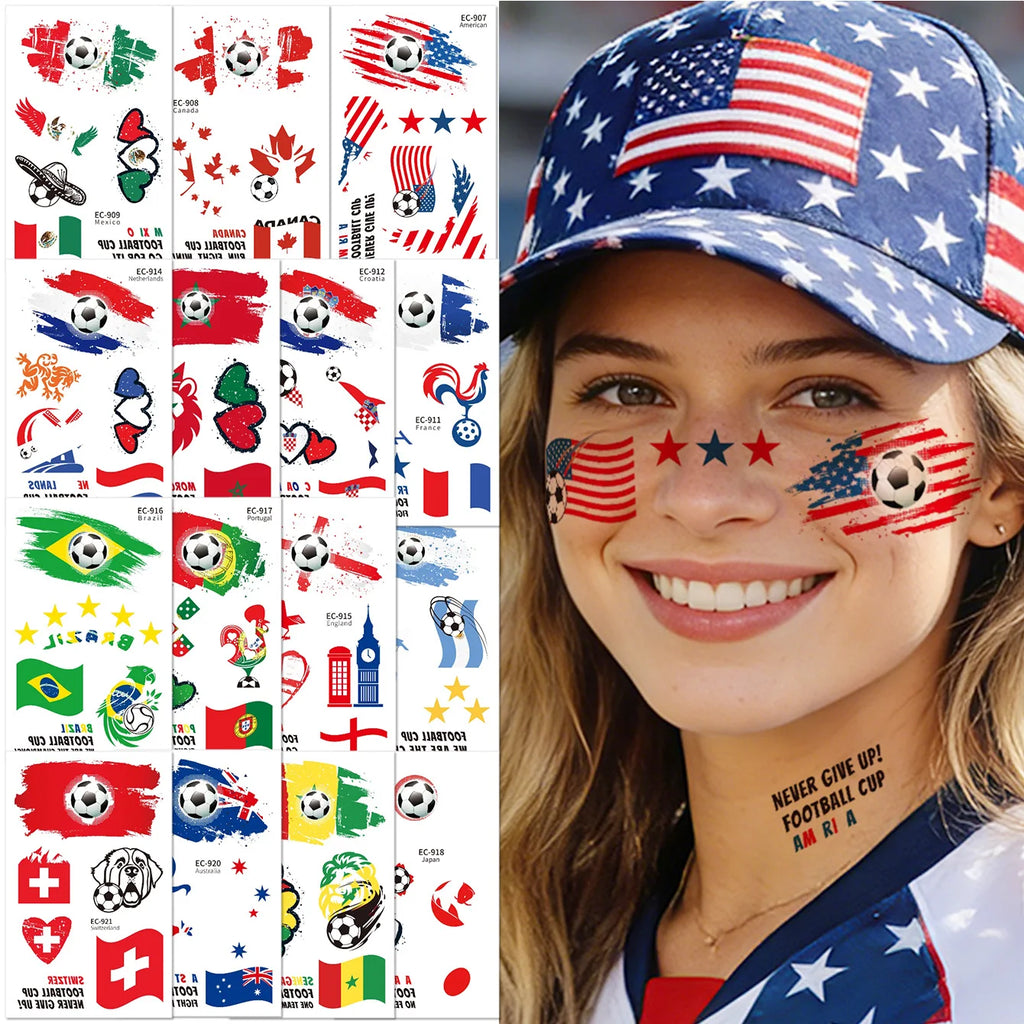 10 Sheets 2026 North America World Cup Flag Temporary Tattoos Football Sports Face Stickers For Fans Festival Party Decor