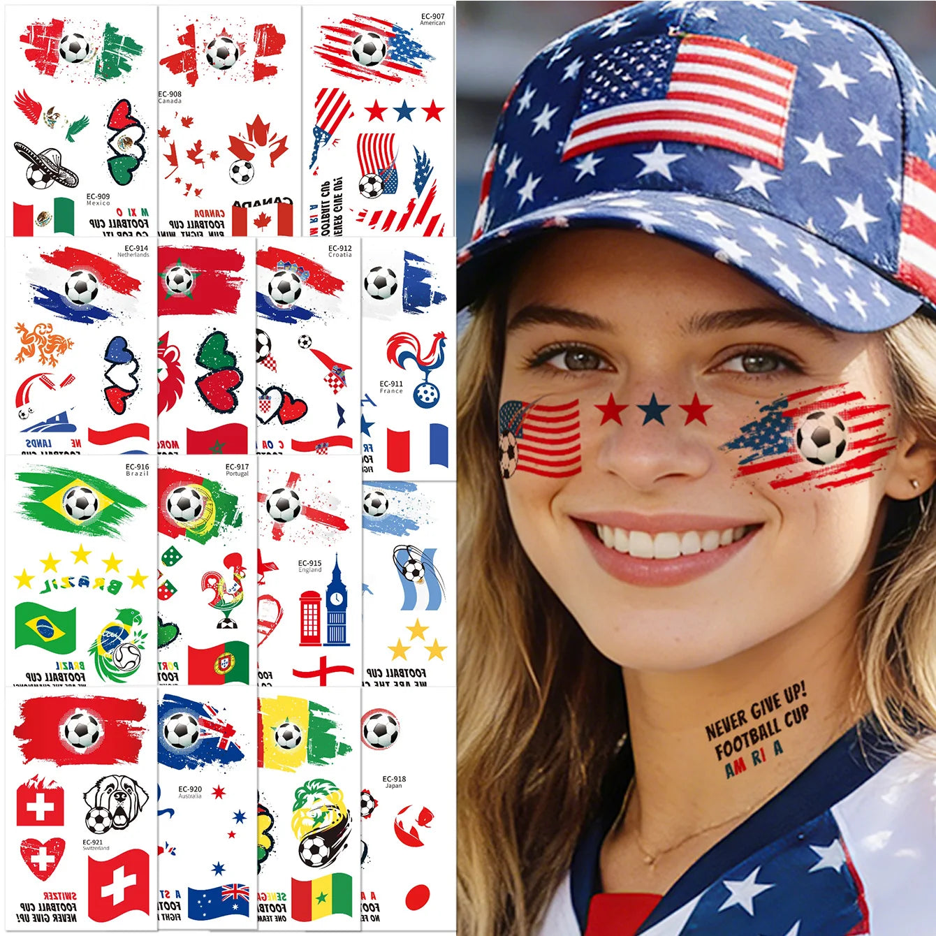 10 Sheets 2026 North America World Cup Flag Temporary Tattoos Football Sports Face Stickers For Fans Festival Party Decor