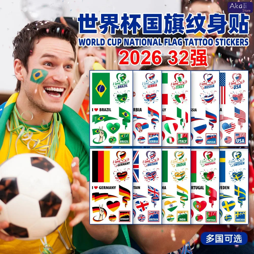 10Pcs Waterproof National Flag Temporary Tattoos for 2026 World Cup Face Body Stickers for Football Fans Match Day Decorations